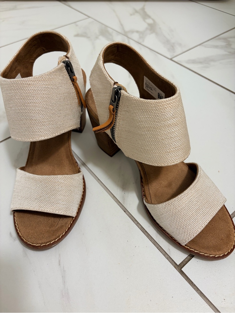 Toms Cream Canvas Open-Toe Block Heel Sandals
